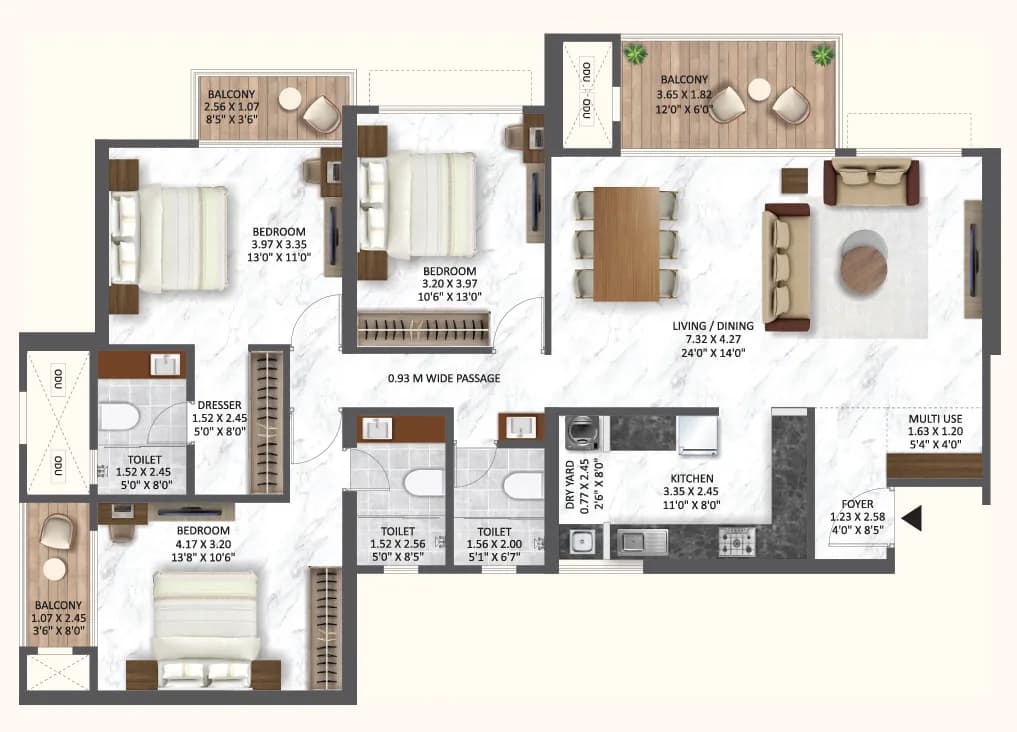 3 BHK floor plan